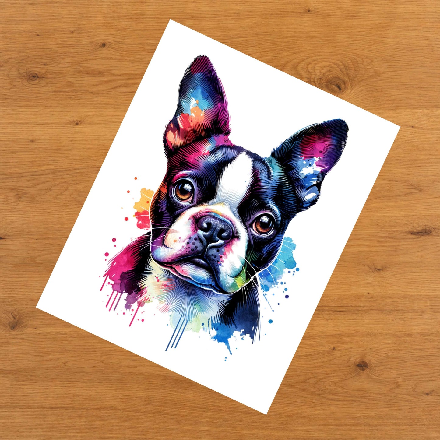 Boston Terrier Rainbow Watercolor Portrait Dog Lover 8"x10" Wall Art Print - Boston Terrier Gift
