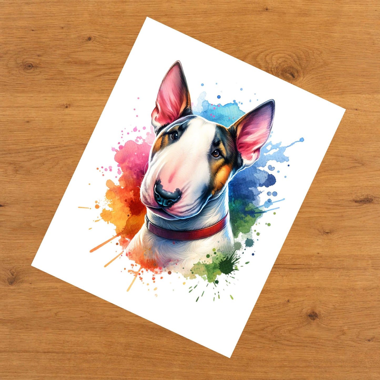 Bull Terrier Rainbow Watercolor Portrait Dog Lover 8"x10" Wall Art Print - Bull Terrier Gift