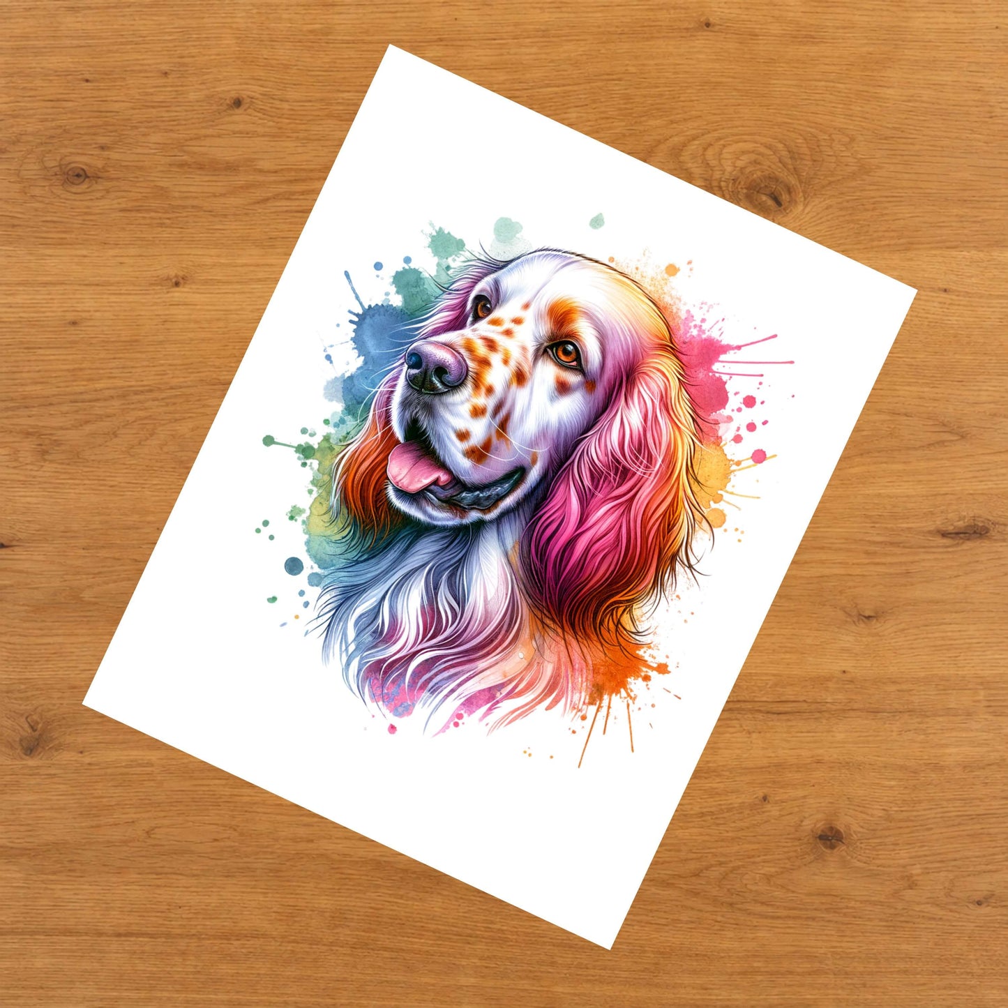 English Setter Rainbow Watercolor Portrait Dog Lover 8"x10" Wall Art Print - English Setter Gift