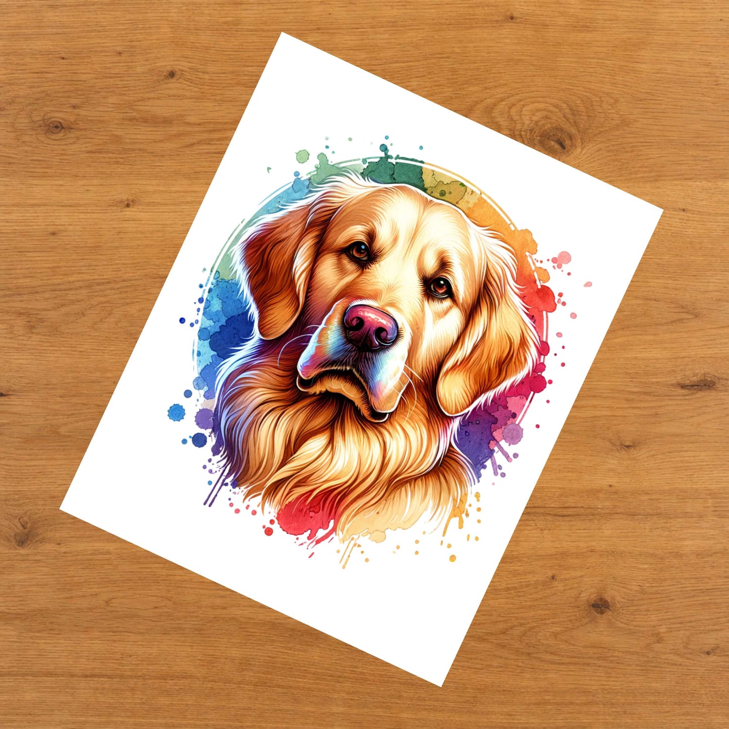 Golden Retriever Rainbow Watercolor Portrait Dog Lover 8"x10" Wall Art Print - Golden Retriever Gift