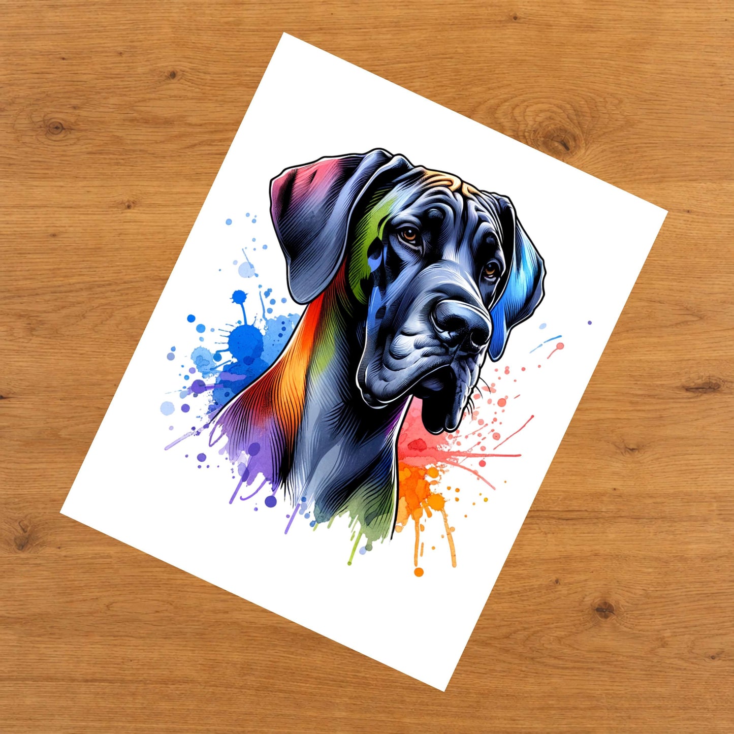 Great Dane Rainbow Watercolor Portrait Dog Lover 8"x10" Wall Art Print - Great Dane Gift