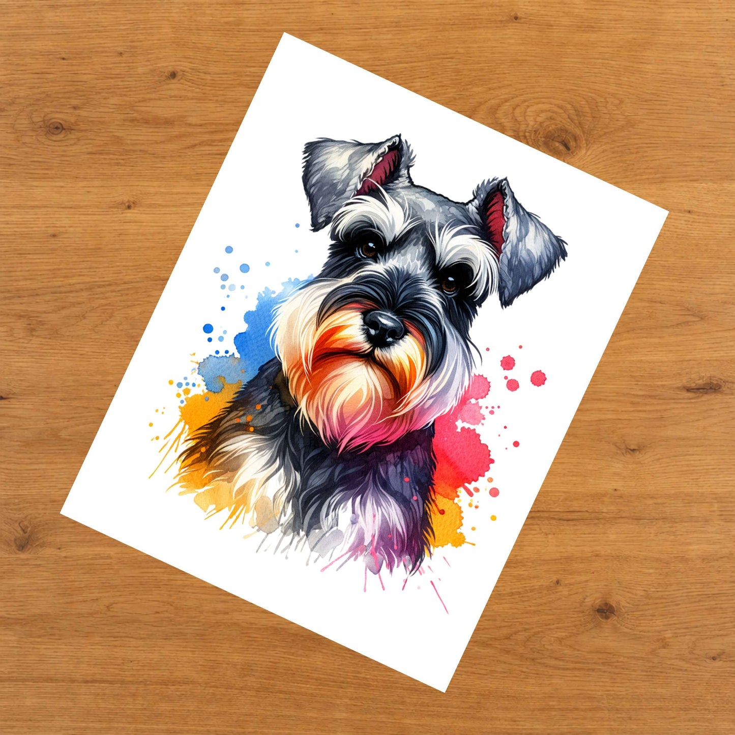 Miniature Schnauzer Rainbow Watercolor Portrait Dog Lover 8"x10" Wall Art Print - Miniature Schnauzer Gift