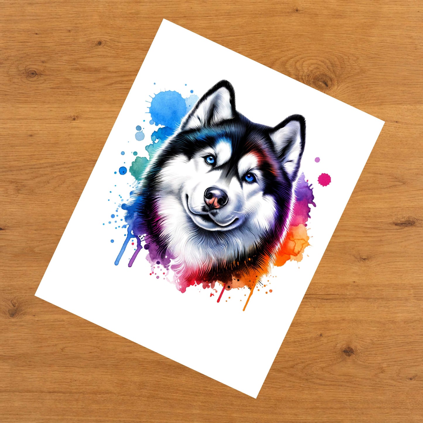 Siberian Husky Rainbow Watercolor Portrait Dog Lover 8"x10" Wall Art Print - Husky Gift