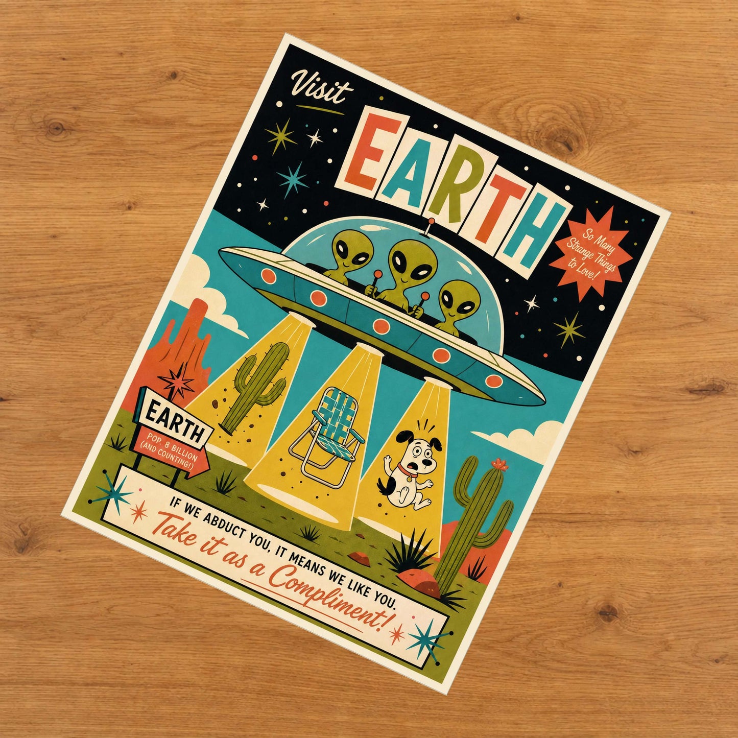 Visit Earth Retro Travel Poster Funny Alien Abduction 8"x10" Wall Art Print