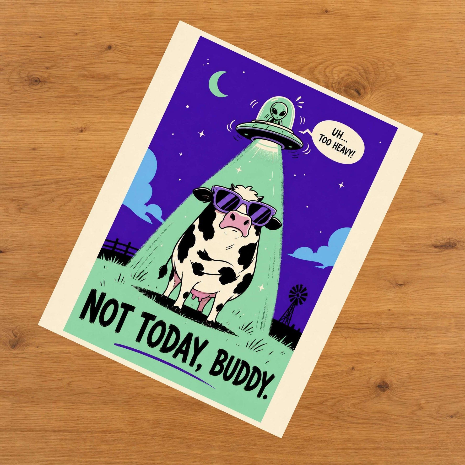 Funny Alien Abduction Attempt Fat Cow UFO 8"x10" Wall Art Print