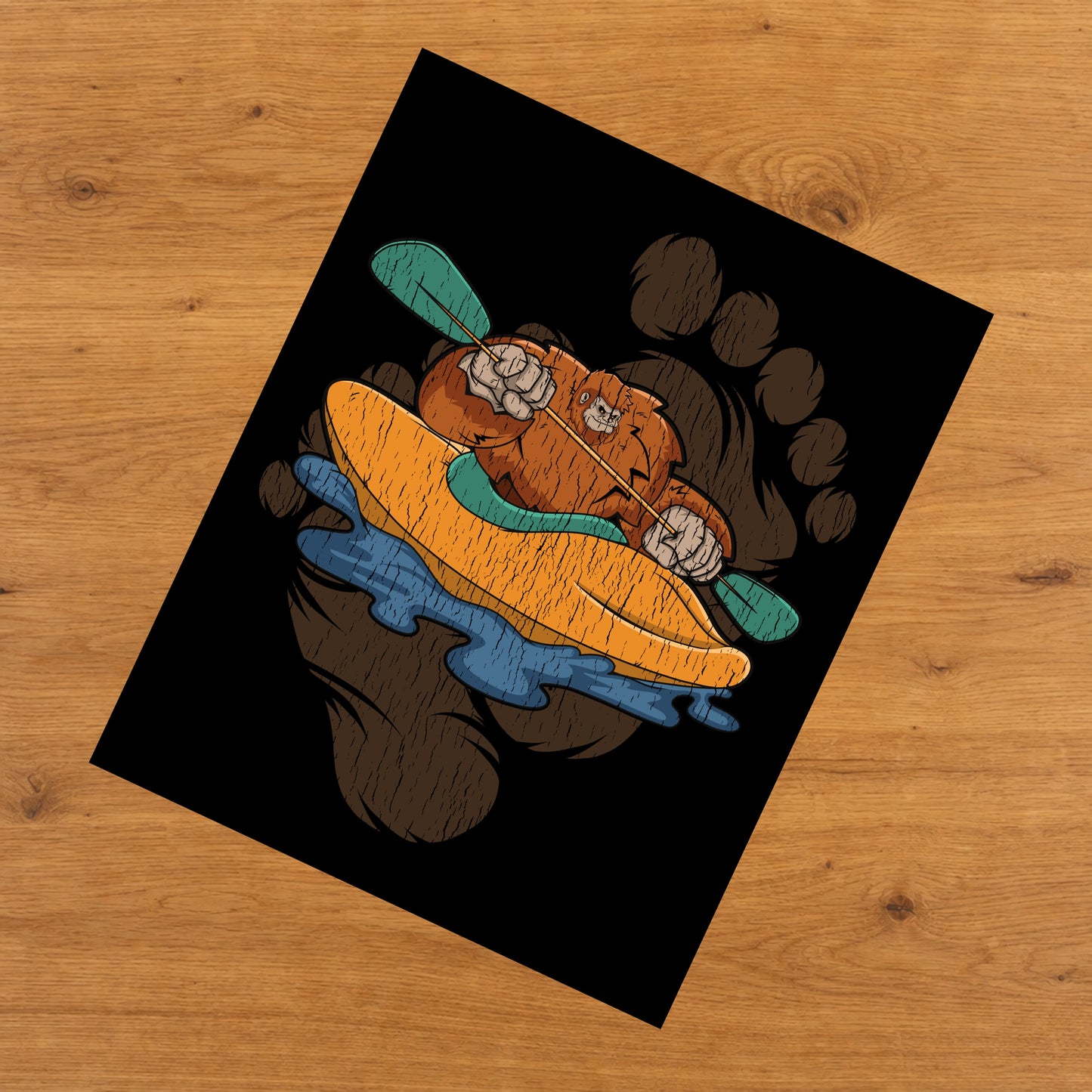 Bigfoot Kayaking Art - Sasquatch Paddling Kayak 8"x10" Wall Art Print