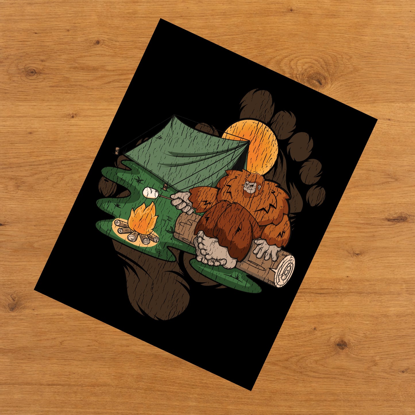 Bigfoot Camping Art - Sasquatch Roasting Marshmallows 8"x10" Wall Art Print