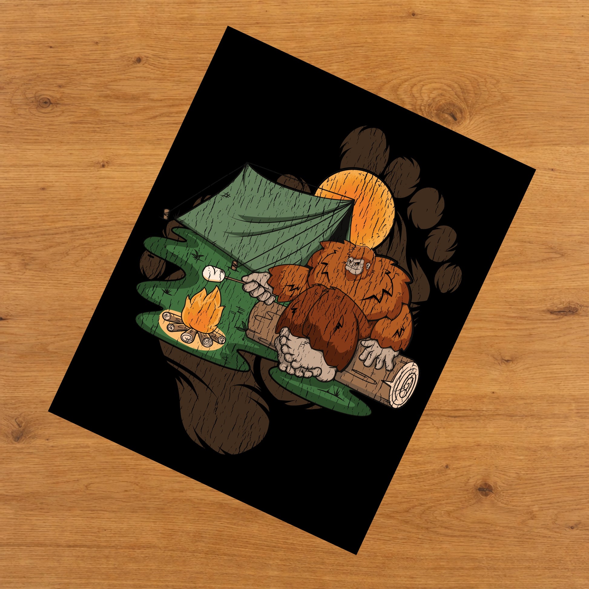 Bigfoot Camping Art - Sasquatch Roasting Marshmallows 8"x10" Wall Art Print