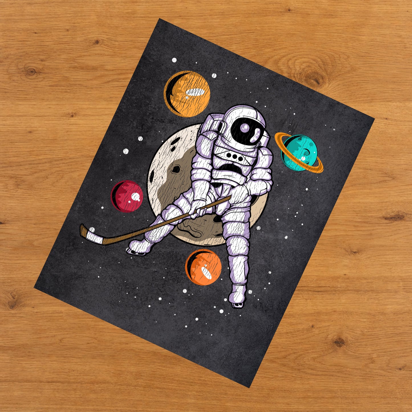 Hockey Astronaut Outer Space Spaceman Distressed 8"x10" Wall Art Print