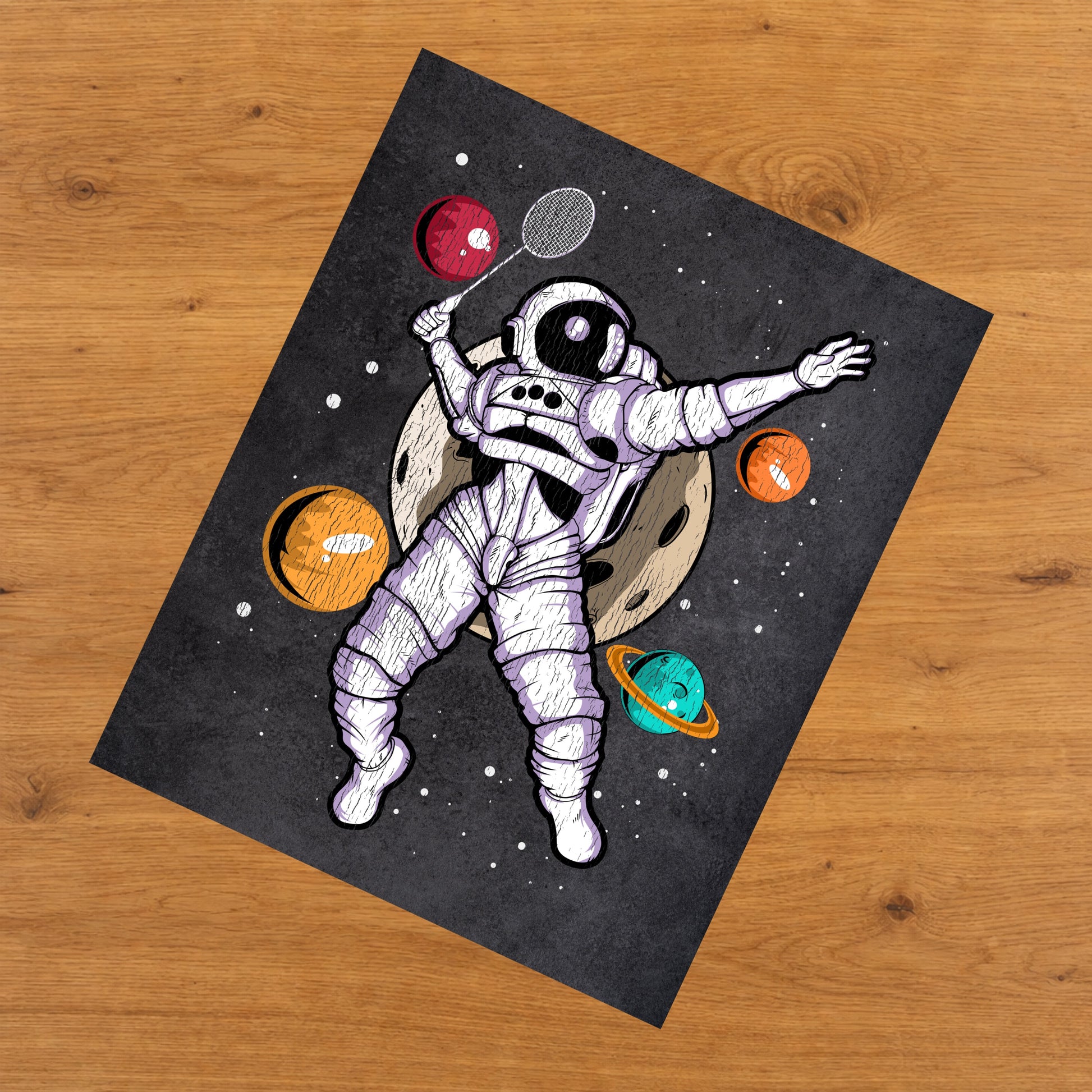 Badminton Astronaut Outer Space Spaceman Distressed 8"x10" Wall Art Print