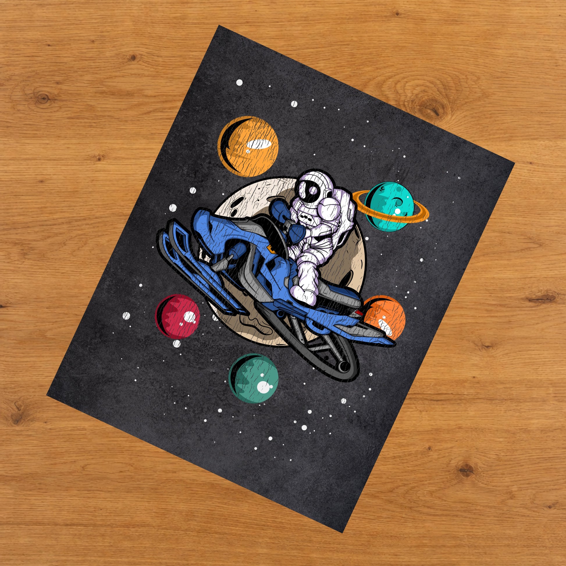Snowmobiling Astronaut Outer Space Spaceman Snowmobile Distressed 8"x10" Wall Art Print