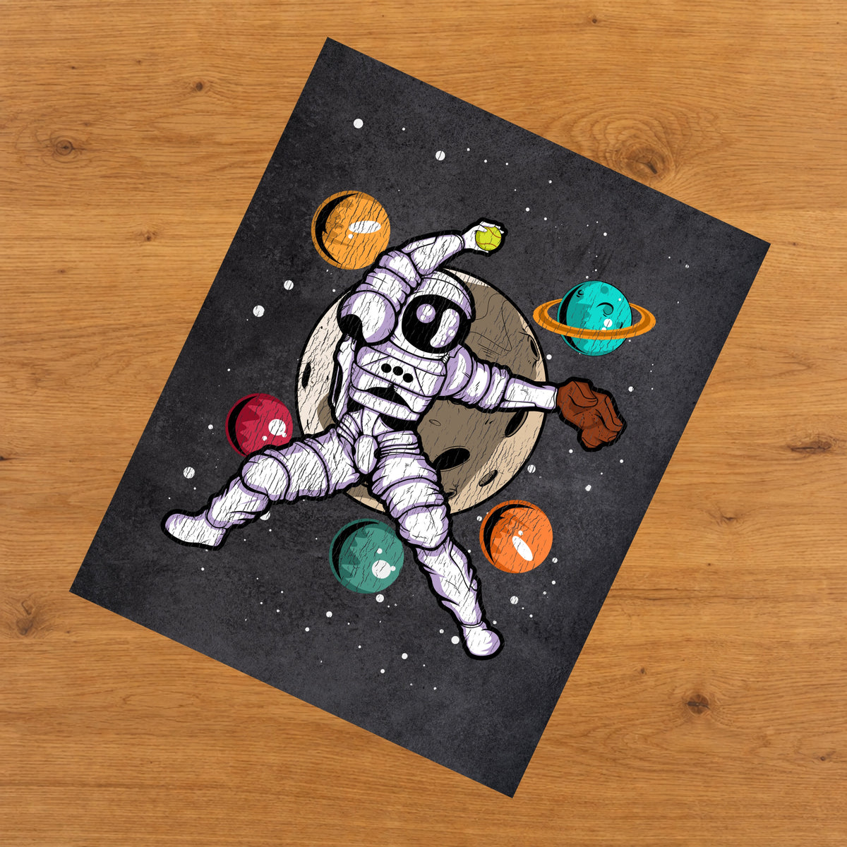 Softball Pitcher Astronaut Outer Space Spaceman Distressed 8"x10" Wall Art Print