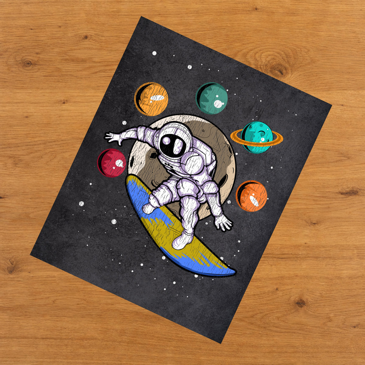 Surfing Astronaut Outer Space Spaceman Distressed 8"x10" Wall Art Print