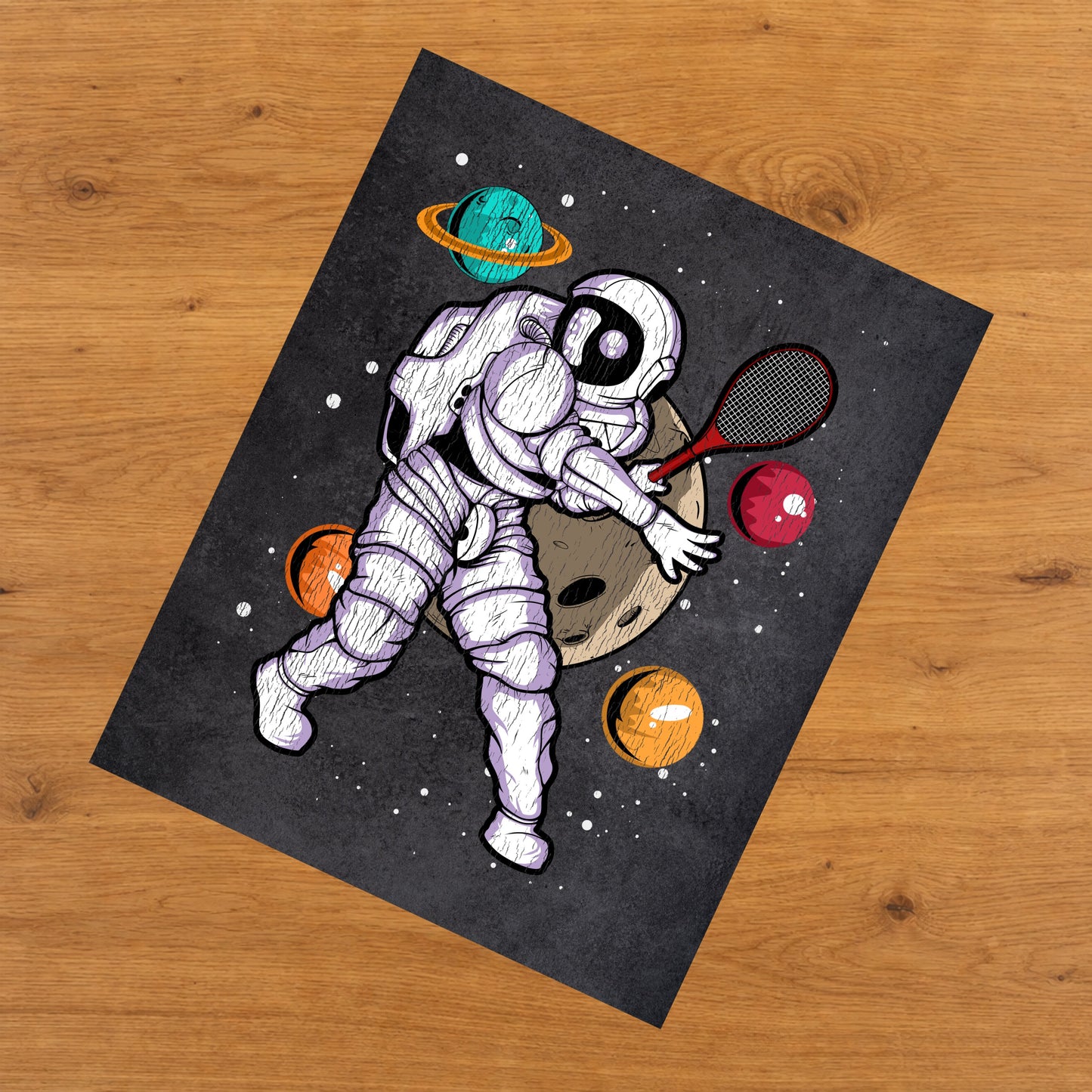 Tennis Astronaut Outer Space Spaceman Distressed 8"x10" Wall Art Print