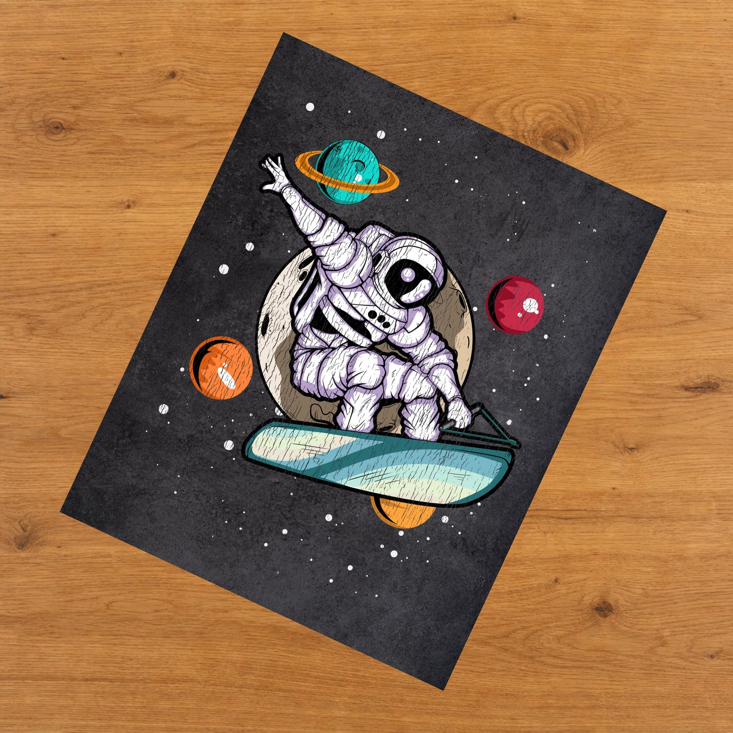Wakeboarding Astronaut Outer Space Spaceman Distressed 8"x10" Wall Art Print