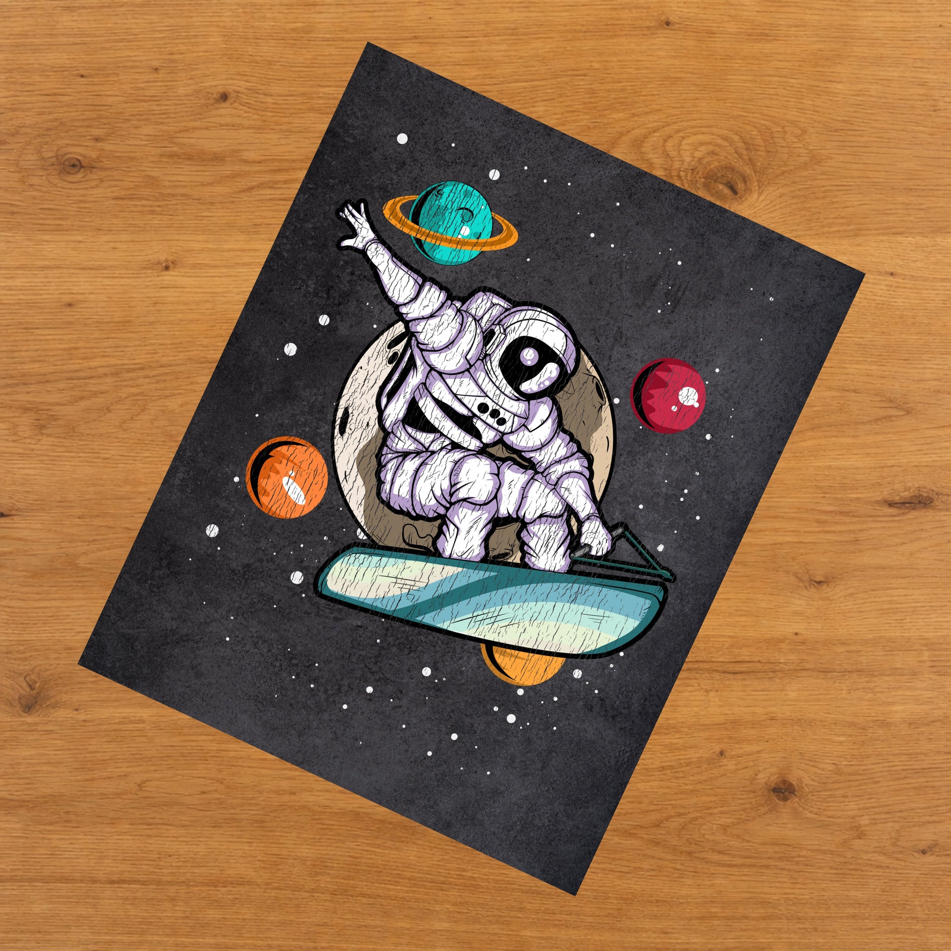 Wakeboarding Astronaut Outer Space Spaceman Distressed 8"x10" Wall Art Print