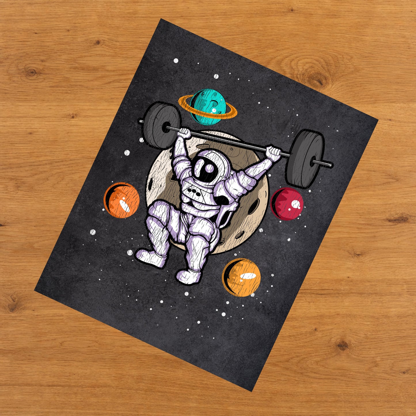 Weightlifting Astronaut Outer Space Spaceman Gym Fitness Distressed 8"x10" Wall Art Print