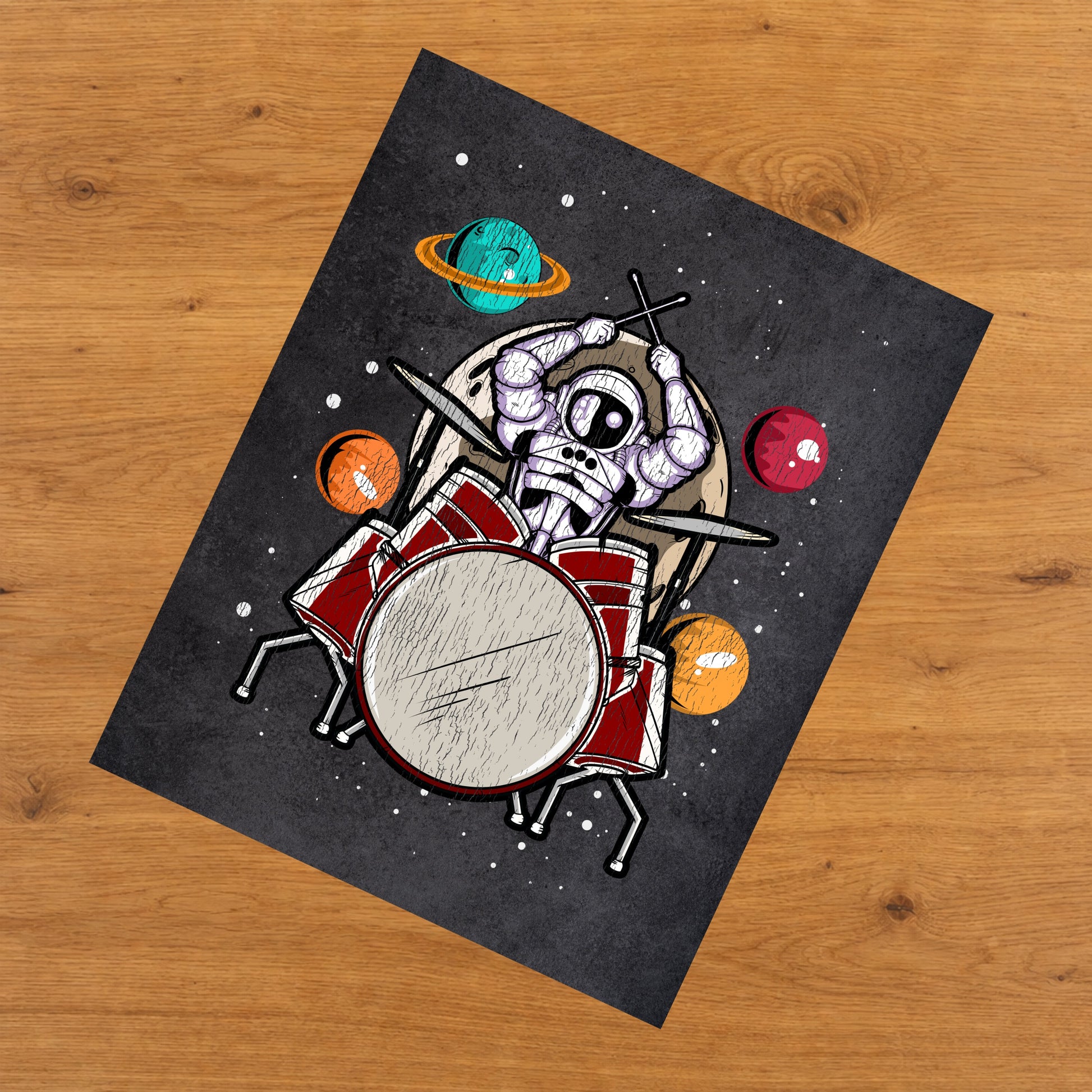 Drummer Astronaut Outer Space Spaceman Drums Distressed 8"x10" Wall Art Print