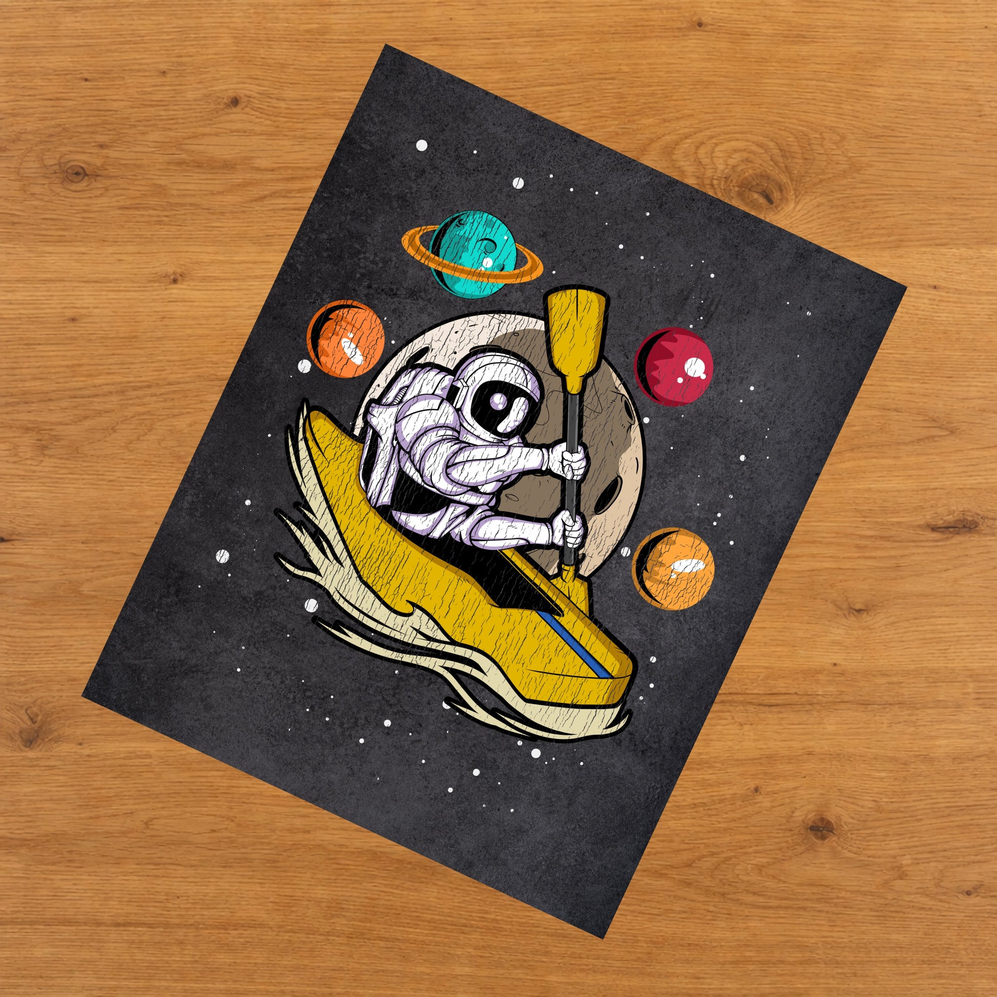 Kayaker Astronaut Outer Space Spaceman Kayaking Distressed 8"x10" Wall Art Print