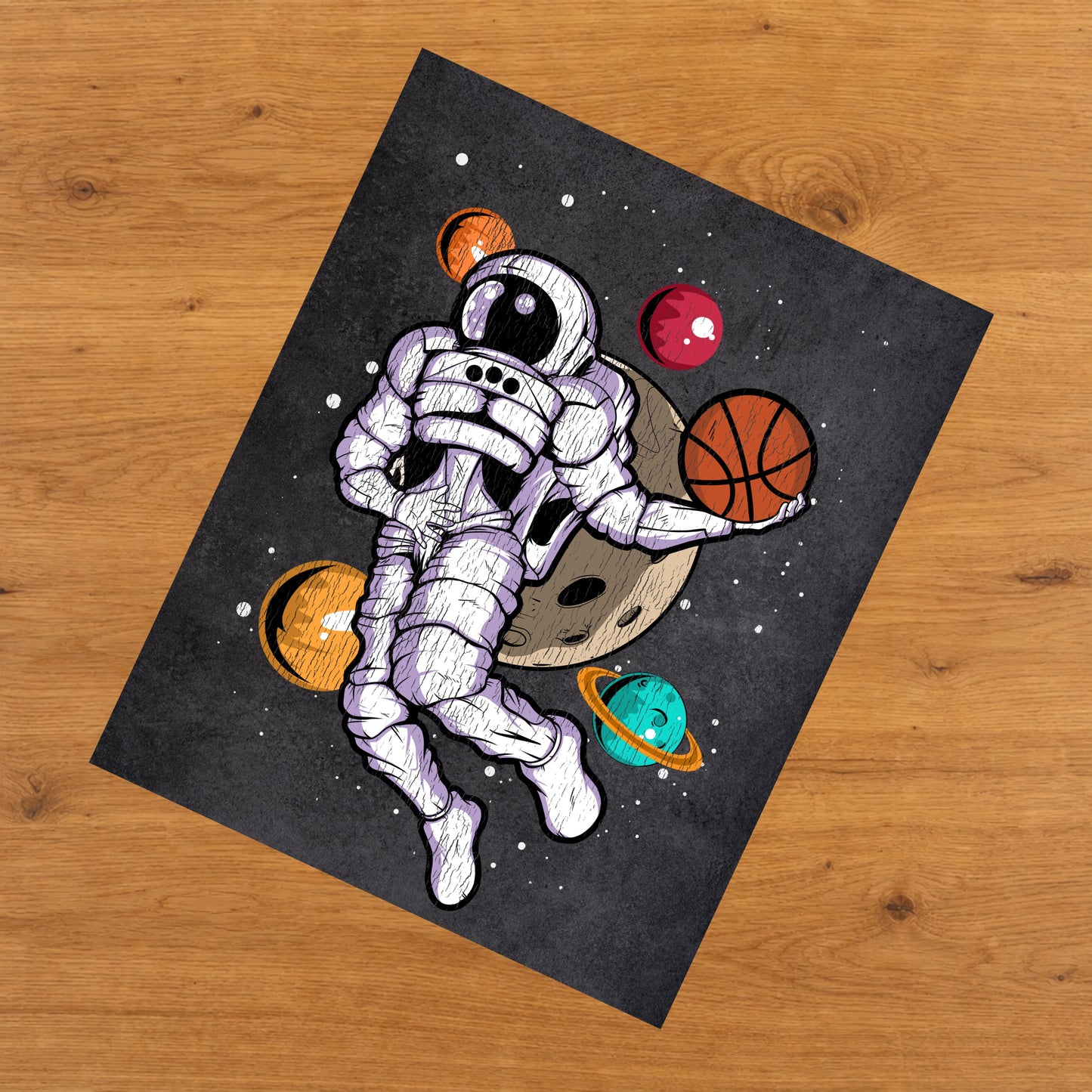 Basketball Dunk Astronaut Outer Space Spaceman Distressed 8"x10" Wall Art Print
