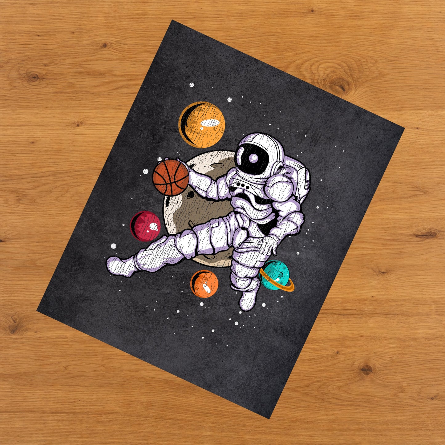 Basketball Astronaut Outer Space Spaceman Distressed 8"x10" Wall Art Print