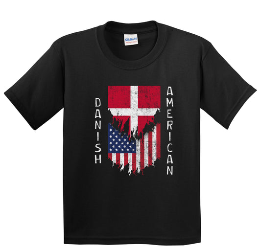 Danish American Flags Ripped Torn Denmark Youth T-Shirt