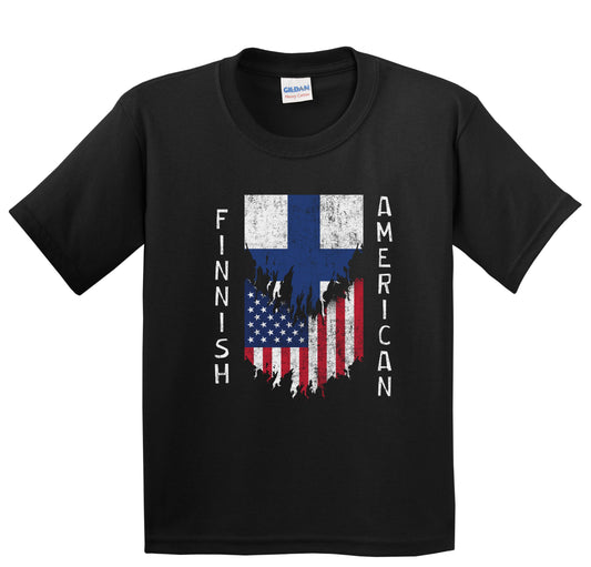 Finnish American Flags Ripped Torn Finland Youth T-Shirt