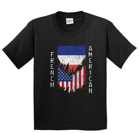 French American Flags Ripped Torn France Youth T-Shirt