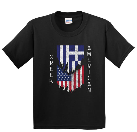 Greek American Flags Ripped Torn Greece Youth T-Shirt