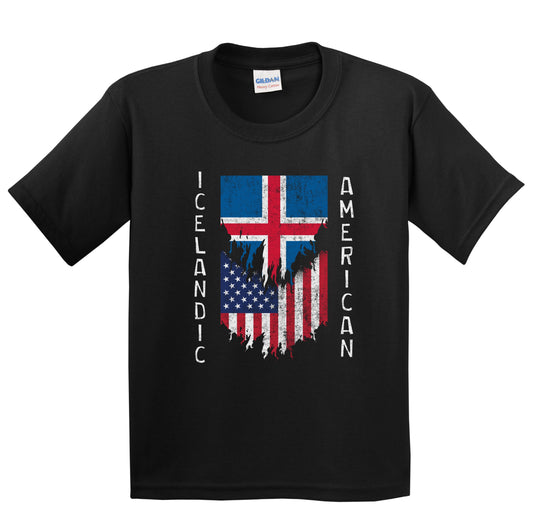 Icelandic American Flags Ripped Torn Iceland Youth T-Shirt