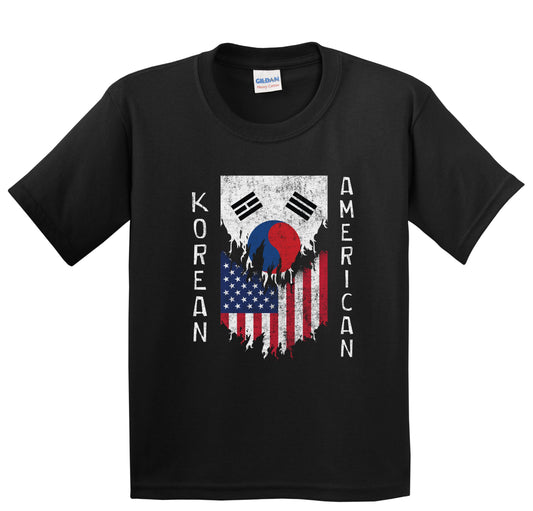 Korean American Flags Ripped Torn Korea Youth T-Shirt