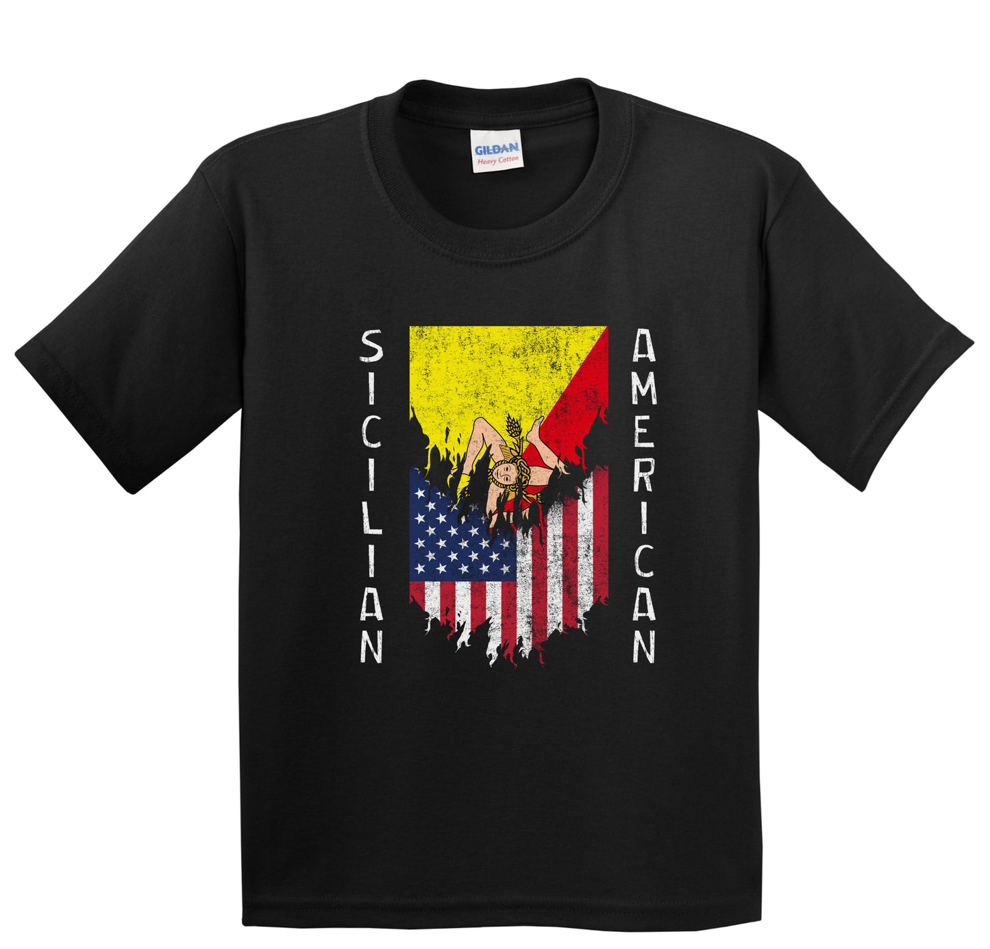 Sicilian American Flags Ripped Torn Sicily Youth T-Shirt