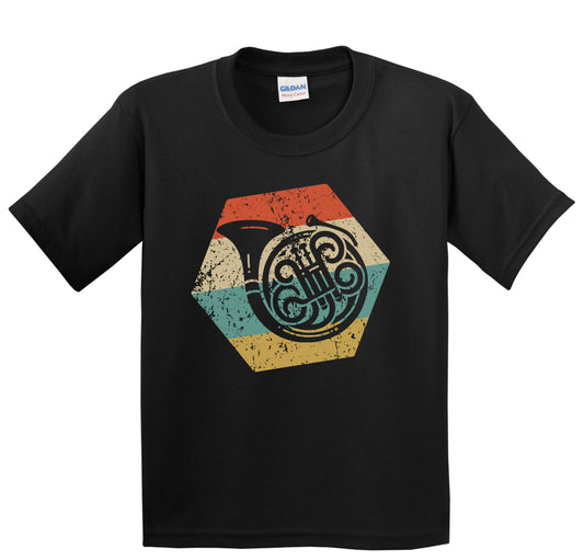 French Horn Retro Distressed Hexagon Musical Instrument Youth T-Shirt