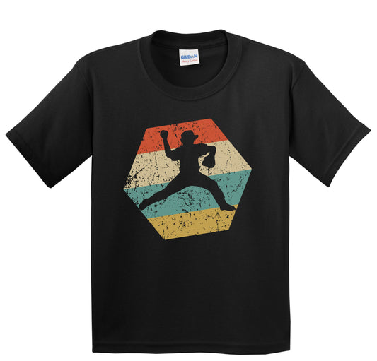 Baseball Player Retro Distressed Hexagon Pitcher Youth T-Shirt