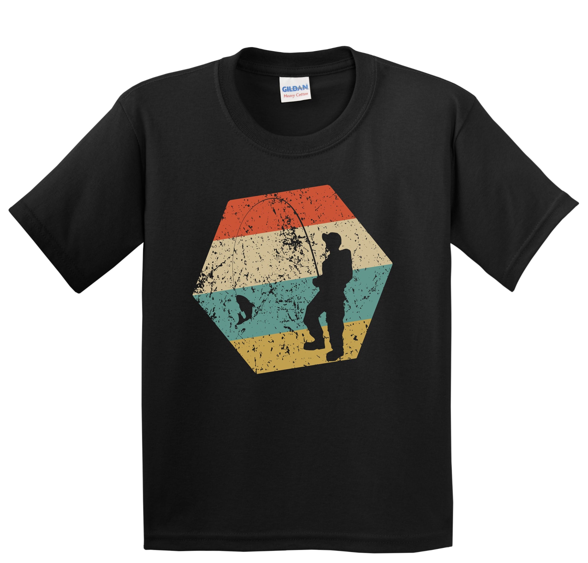 Fishing Retro Distressed Hexagon Fisherman Reeling in Fish Youth T-Shirt