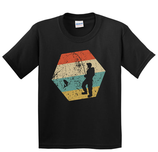 Fishing Retro Distressed Hexagon Fisherman Reeling in Fish Youth T-Shirt