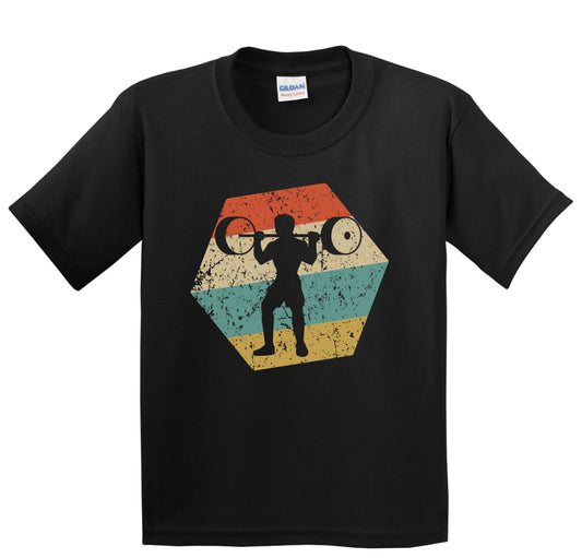 Power Lifter Retro Distressed Hexagon Weightlifting Youth T-Shirt