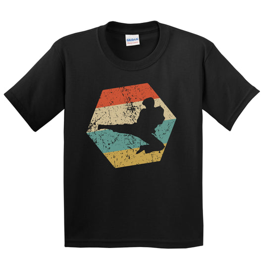Martial Arts Retro Distressed Hexagon Karate Jump Kick Youth T-Shirt