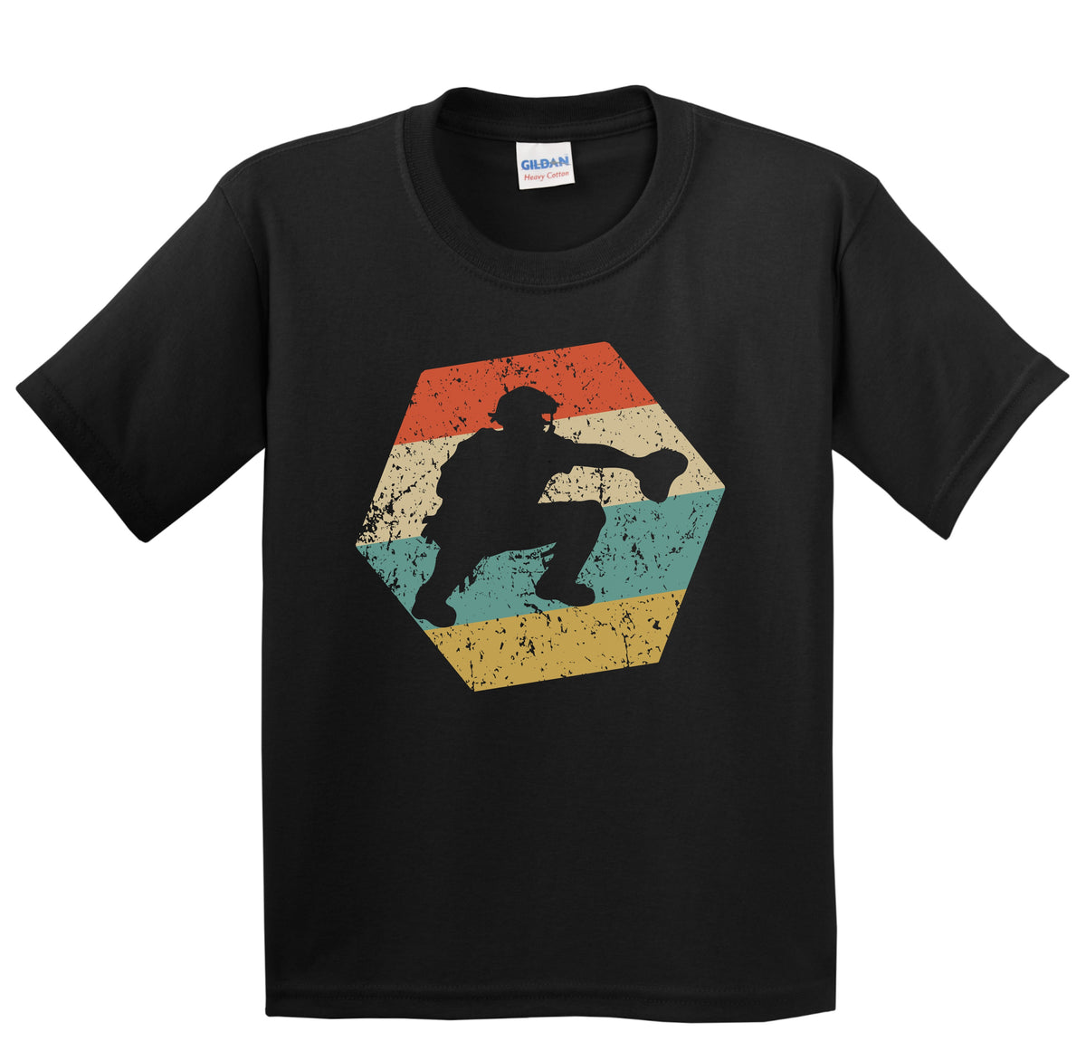Baseball Player Retro Distressed Hexagon Catcher Youth T-Shirt