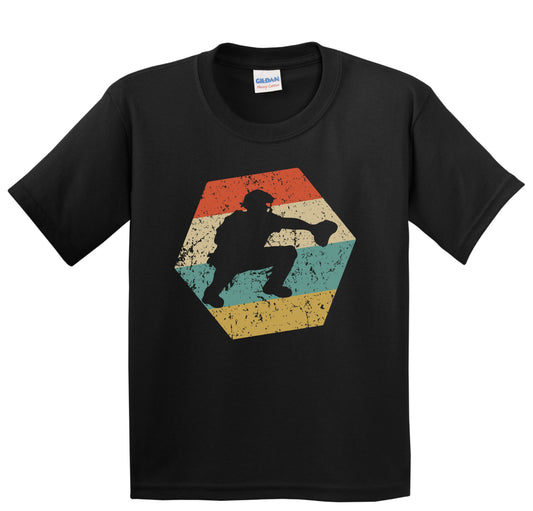 Baseball Player Retro Distressed Hexagon Catcher Youth T-Shirt