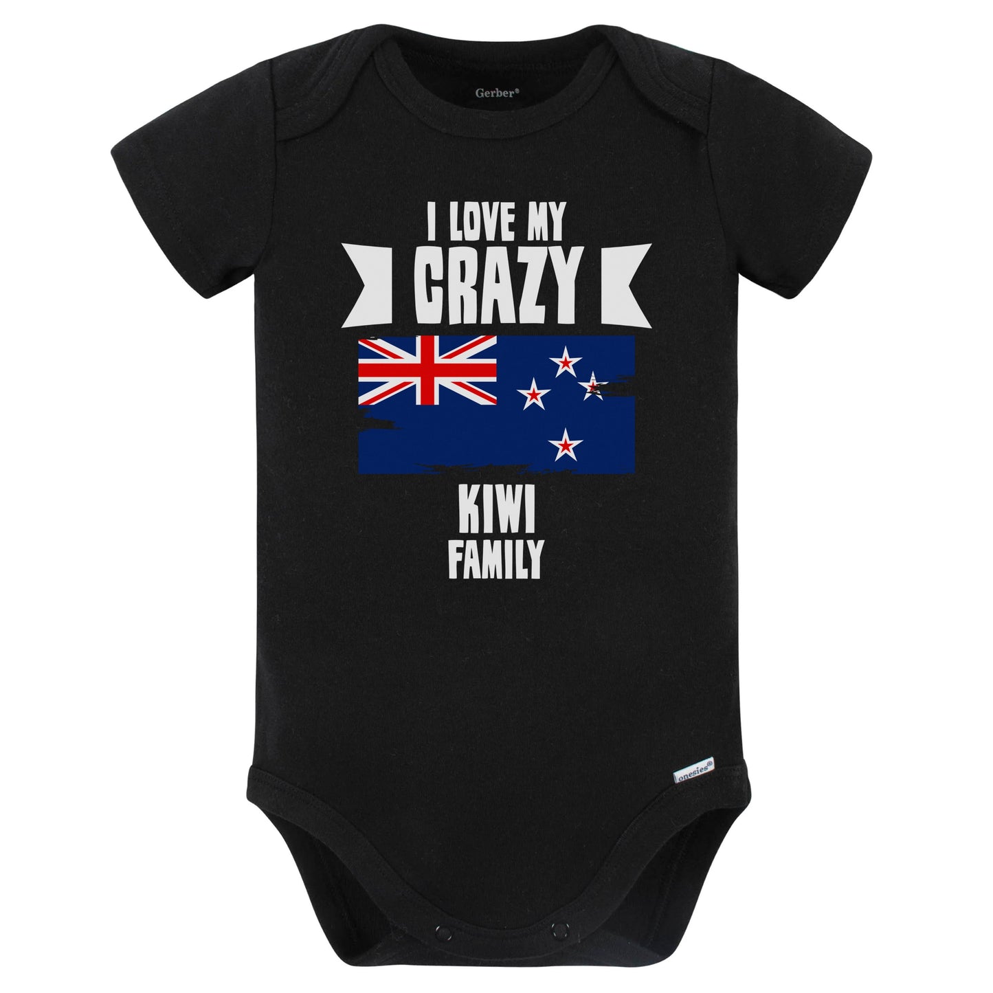 I Love My Crazy Kiwi Family Funny New Zealand Flag Baby Bodysuit (Black)