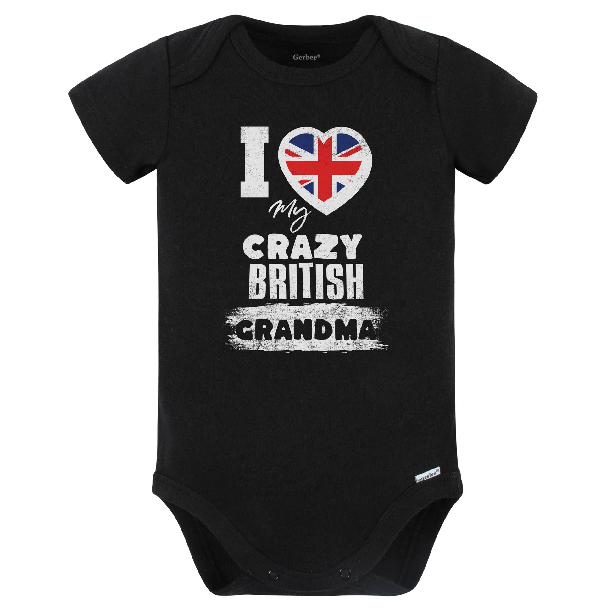 I Love My Crazy British Grandma Funny UK Flag Grandchild Baby Bodysuit (Black)