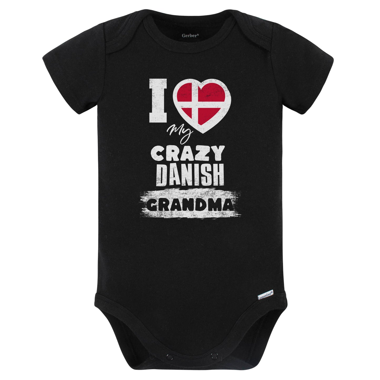 I Love My Crazy Danish Grandma Funny Denmark Flag Grandchild Baby Bodysuit (Black)