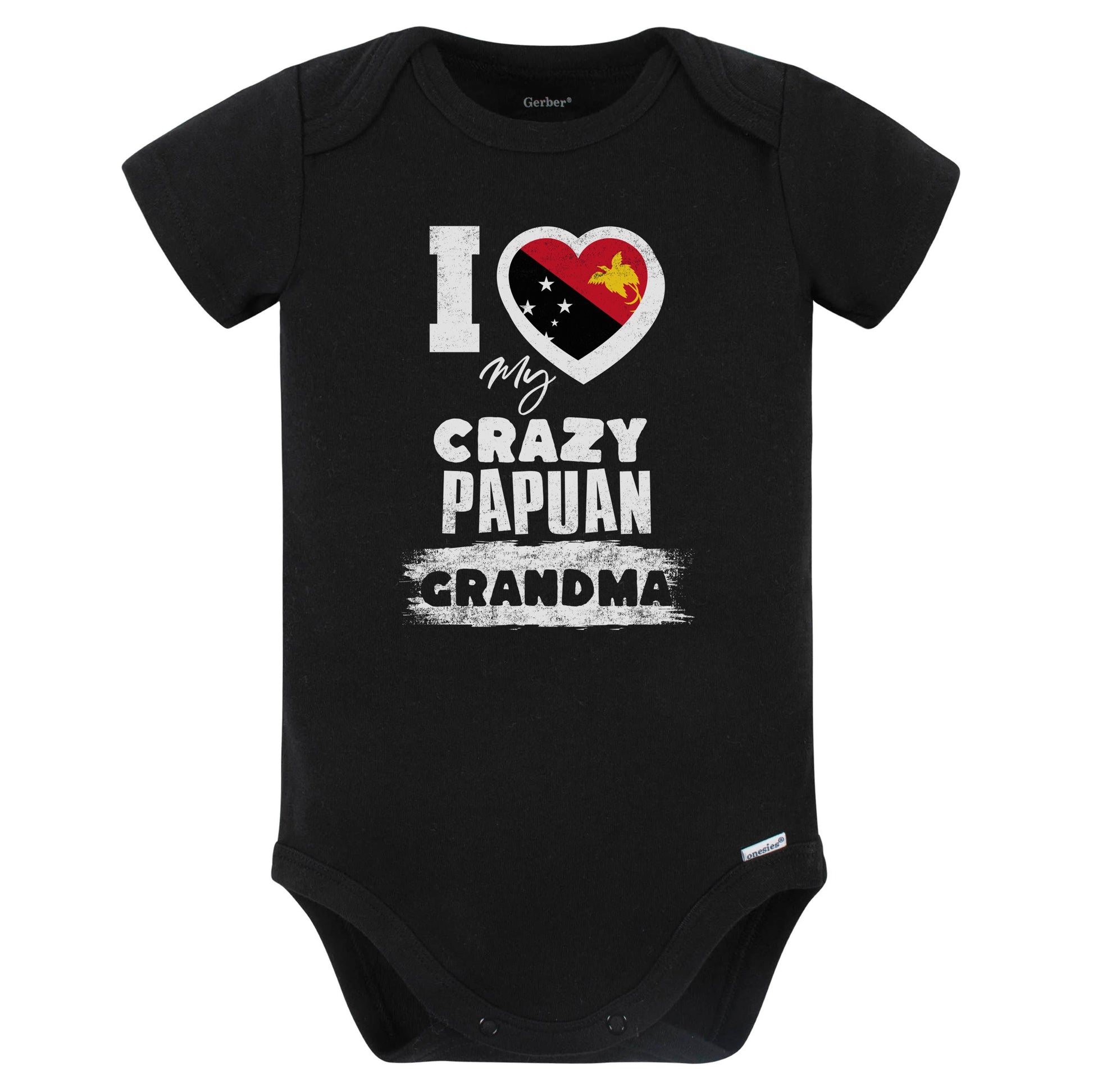 I Love My Crazy Papuan Grandma Funny Papua New Guinea Flag Grandchild Baby Bodysuit (Black)