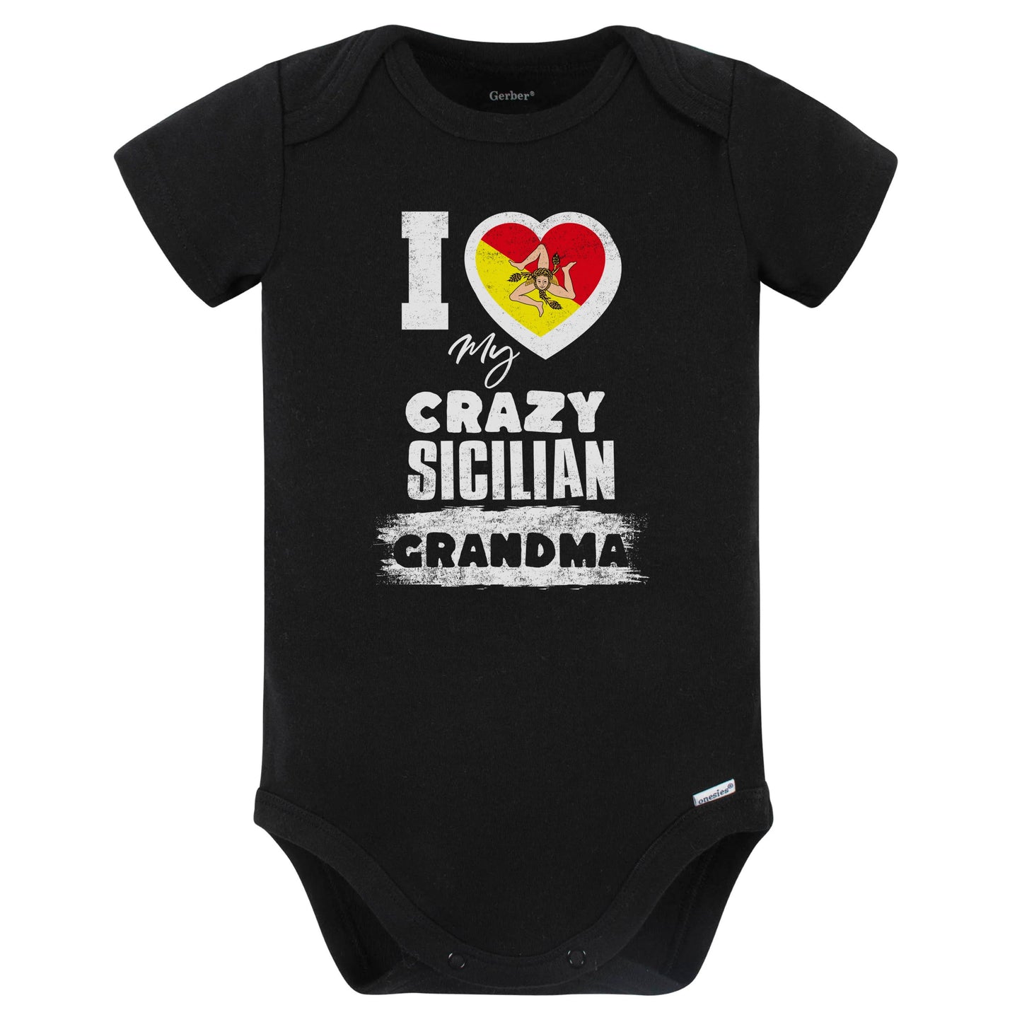 I Love My Crazy Sicilian Grandma Funny Sicily Flag Grandchild Baby Bodysuit (Black)