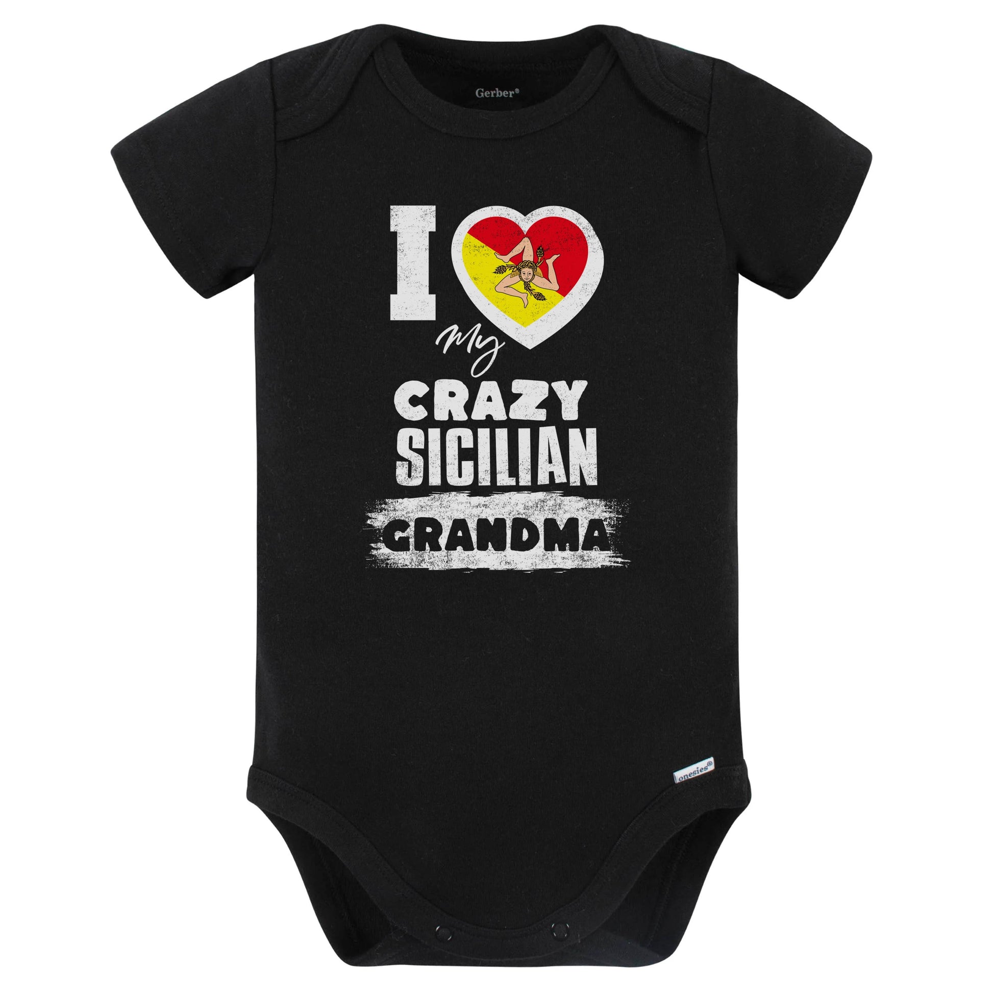 I Love My Crazy Sicilian Grandma Funny Sicily Flag Grandchild Baby Bodysuit (Black)