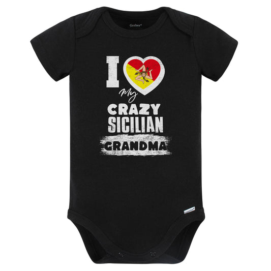 I Love My Crazy Sicilian Grandma Funny Sicily Flag Grandchild Baby Bodysuit (Black)