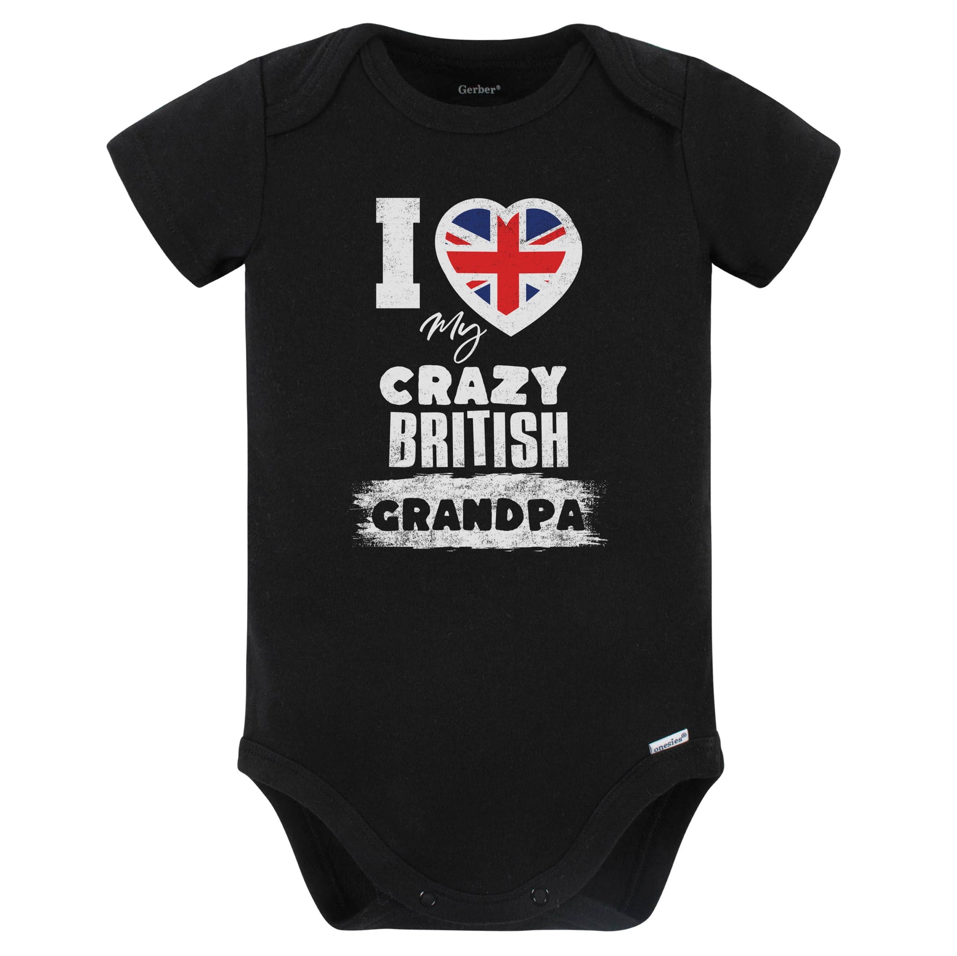 I Love My Crazy British Grandpa Funny UK Flag Grandchild Baby Bodysuit (Black)