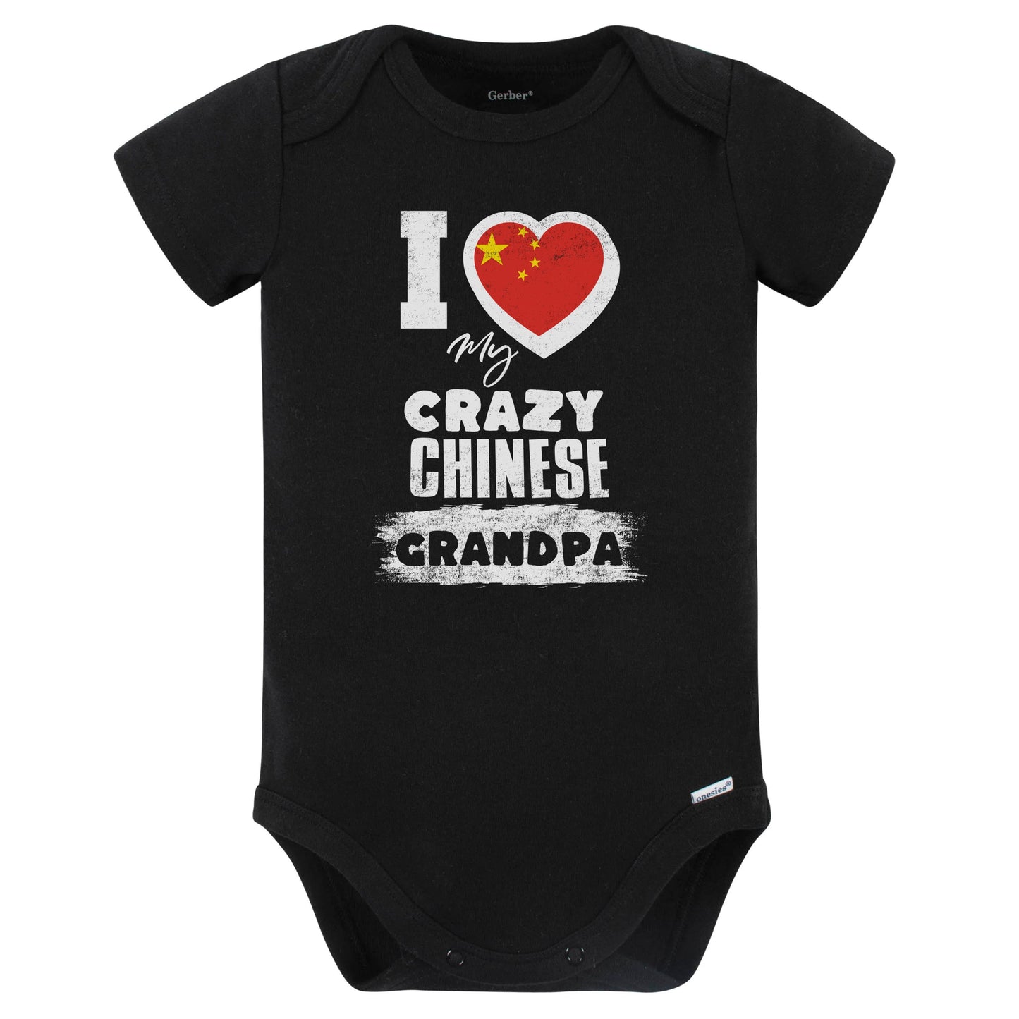 I Love My Crazy Chinese Grandpa Funny China Flag Grandchild Baby Bodysuit (Black)