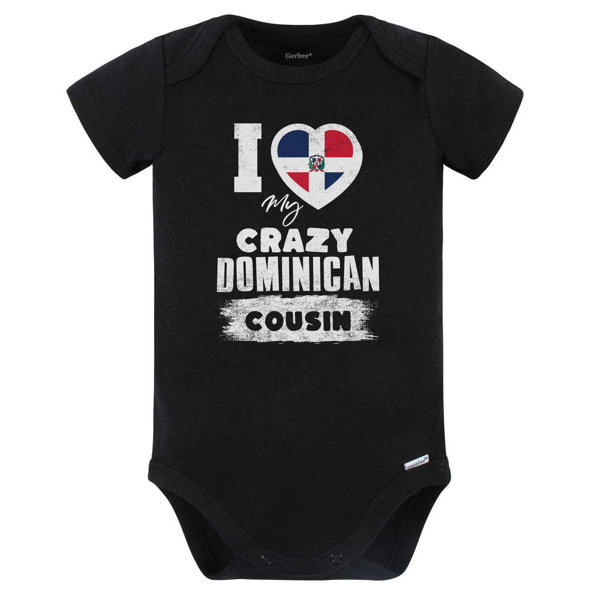I Love My Crazy Dominican Cousin Funny Dominican Republic Flag Baby Bodysuit (Black)